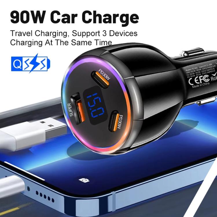 TE-S02 Display Screen PD30W x 2 and QC 30W Car Charger for Mobile Phones / Tablets, TE-S02