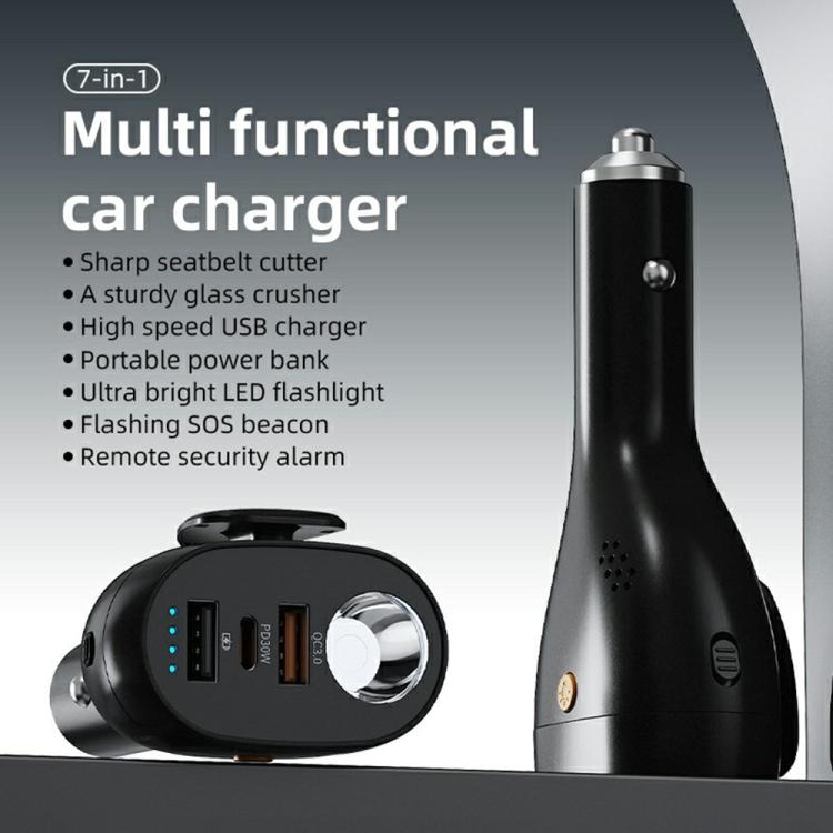 A13 Multifunctional QC3.0 Car Charger Safety Hammer Seatbelt Cutter with LED Flashlight, A13