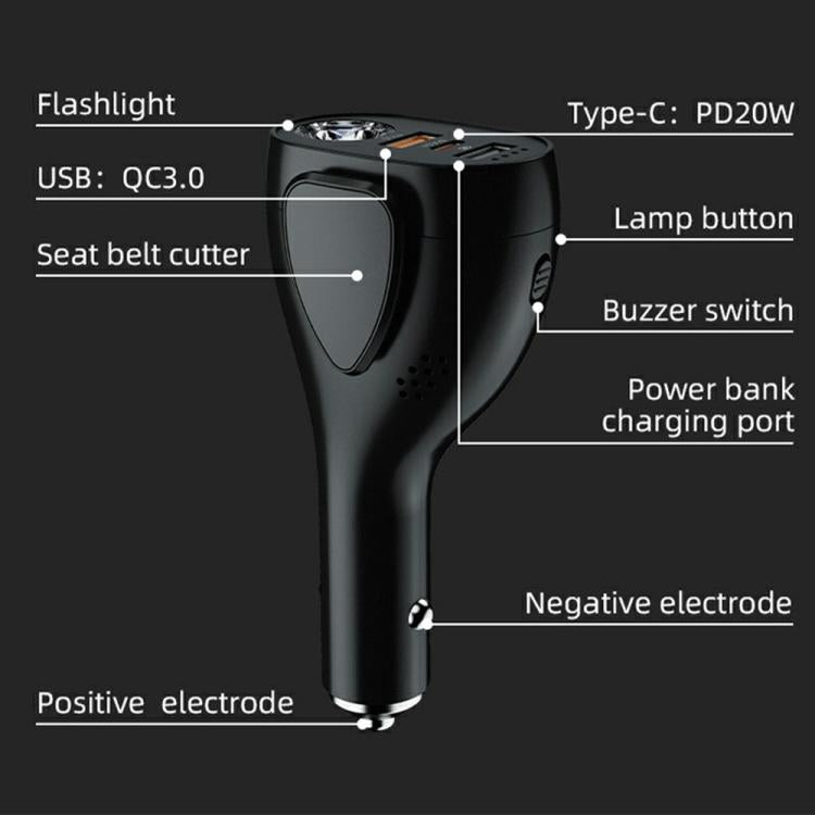 A13 Multifunctional QC3.0 Car Charger Safety Hammer Seatbelt Cutter with LED Flashlight, A13