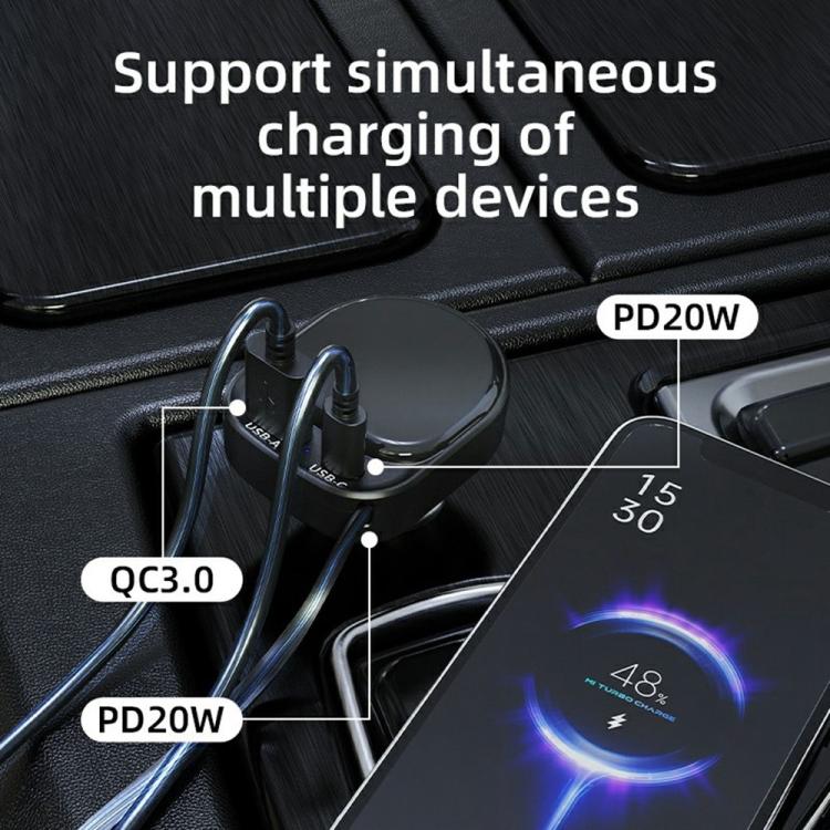 K8 PD 20W and QC 18W Fast Charger USB-A and USB-C Dual Port Car Charger with Retractable Type-C Cable, K8