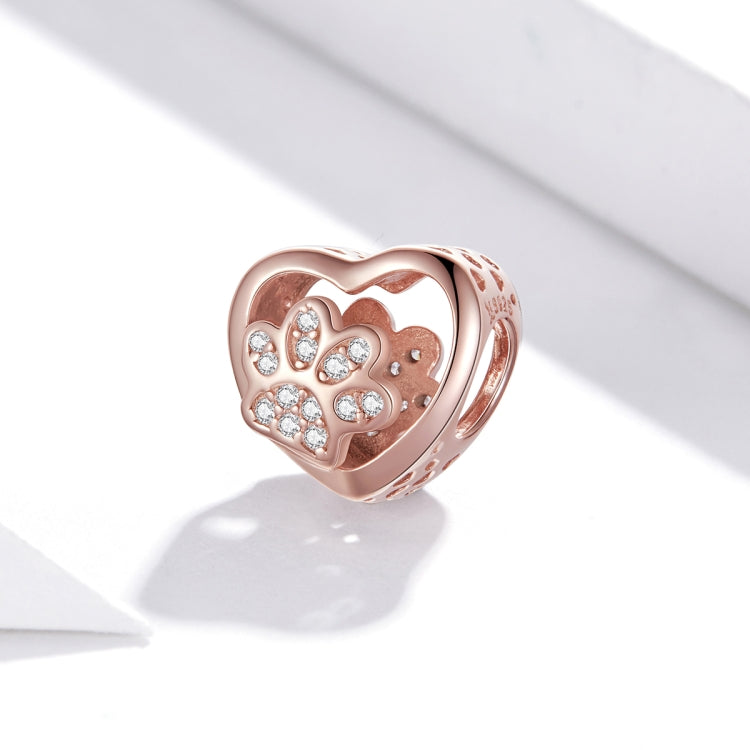 S925 Sterling Silver Heart Shaped Pet Paw Print Beads DIY Bracelet Beaded Accessories, Pet Paw Print(Rose Gold)