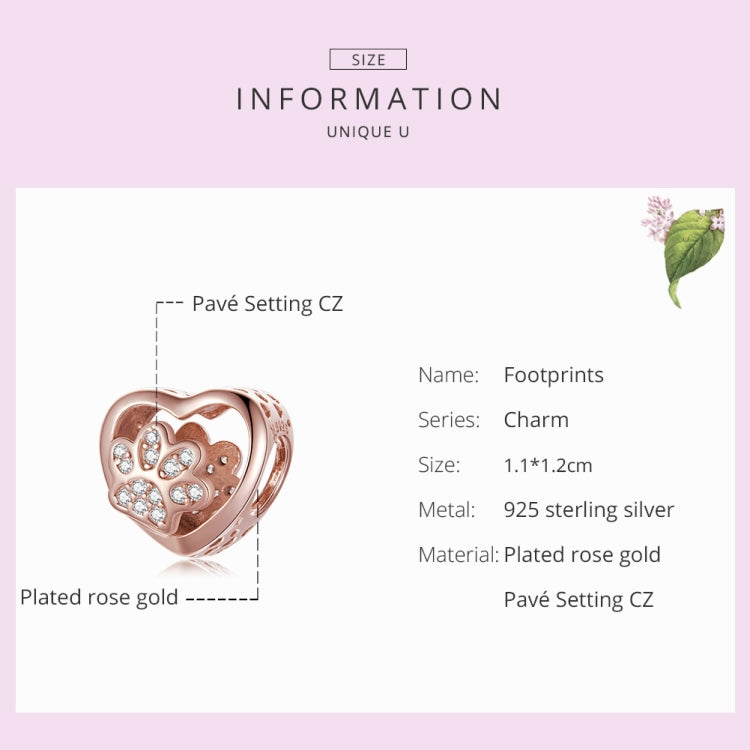 S925 Sterling Silver Heart Shaped Pet Paw Print Beads DIY Bracelet Beaded Accessories, Pet Paw Print(Rose Gold)