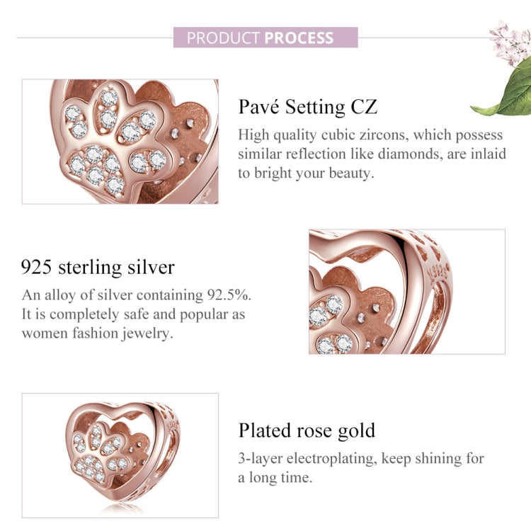 S925 Sterling Silver Heart Shaped Pet Paw Print Beads DIY Bracelet Beaded Accessories, Pet Paw Print(Rose Gold)