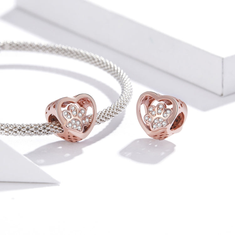 S925 Sterling Silver Heart Shaped Pet Paw Print Beads DIY Bracelet Beaded Accessories, Pet Paw Print(Rose Gold)