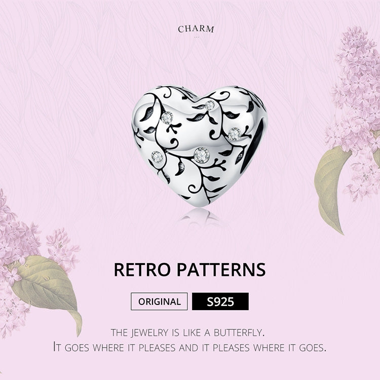 S925 Sterling Silver Heart-shaped Retro Pattern Loose Beads DIY Bracelet Jewelry Accessories, SCC1323