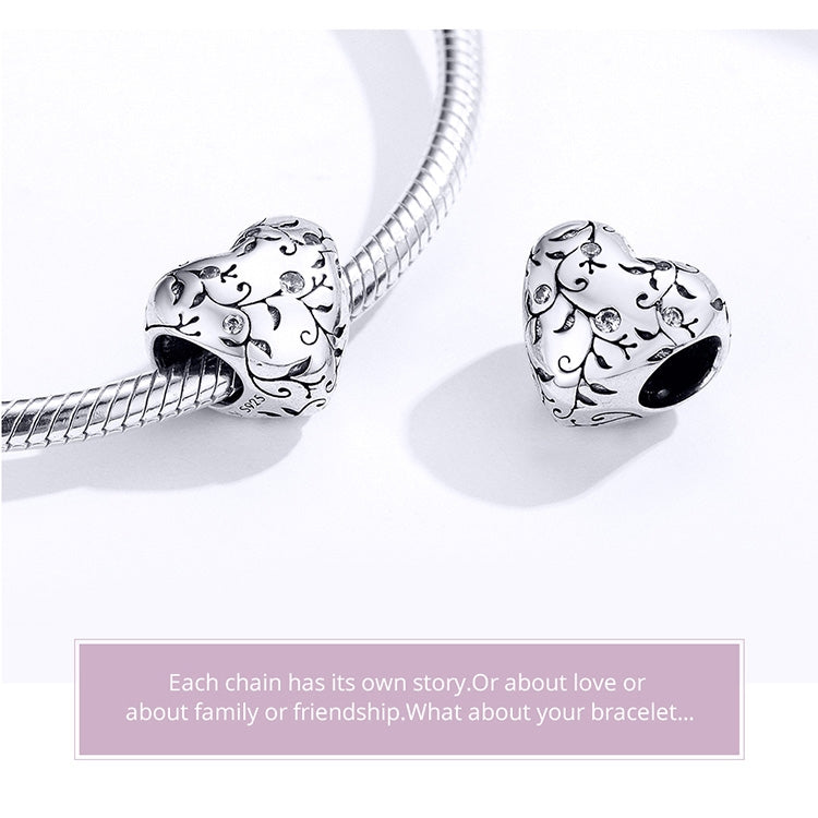 S925 Sterling Silver Heart-shaped Retro Pattern Loose Beads DIY Bracelet Jewelry Accessories, SCC1323