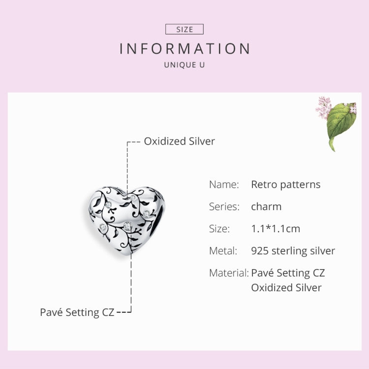 S925 Sterling Silver Heart-shaped Retro Pattern Loose Beads DIY Bracelet Jewelry Accessories, SCC1323