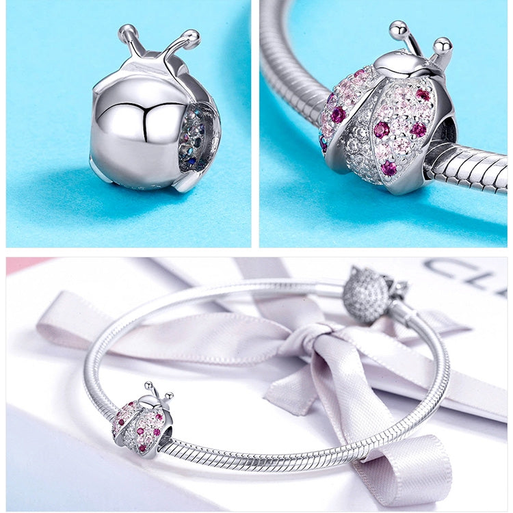 925 Sterling Silver Ladybug Pink Cubic Zircon Insect Charms Beads For Bracelets DIY, SCC1120