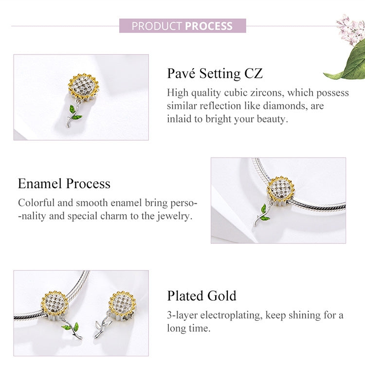 S925 Sterling Silver Hollow Sunflower Pendant Yellow DIY Bracelet Beaded