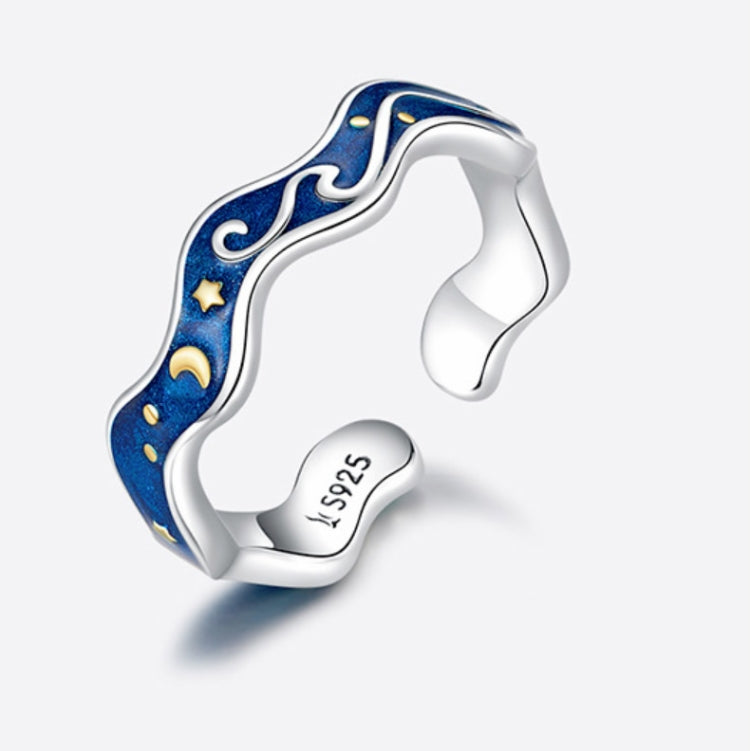 S925 Sterling Silver Ring Blue Starry Sky Plating Gold Open Ring, SCR608