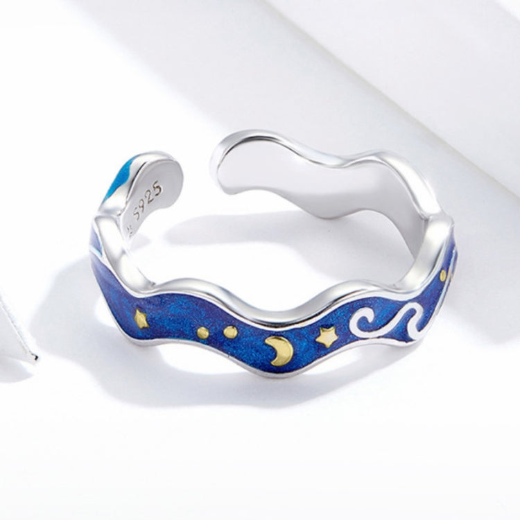 S925 Sterling Silver Ring Blue Starry Sky Plating Gold Open Ring, SCR608