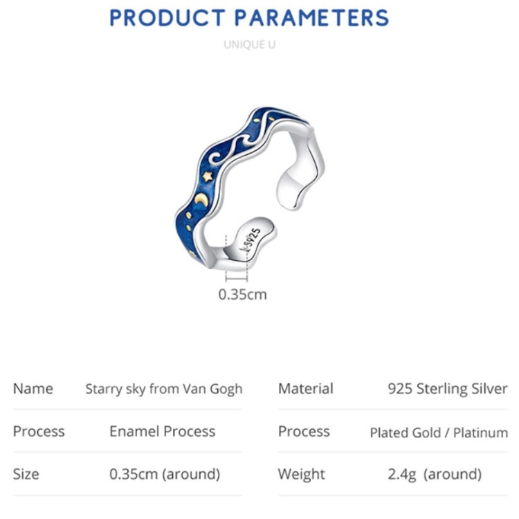S925 Sterling Silver Ring Blue Starry Sky Plating Gold Open Ring, SCR608