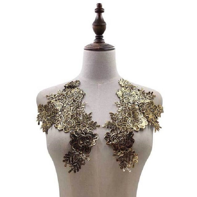 1 Pair Three-dimensional Hollow Flower Embroidery Collar Flower DIY Clothing Accessories, Unilateral Size: About 30 x 18cm, Black, Gold