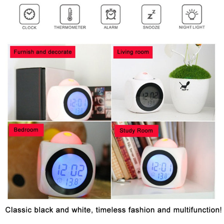 Multi-function LED Projection Alarm Clock Voice Talking Clock, White without USB cable, Black + USB cable