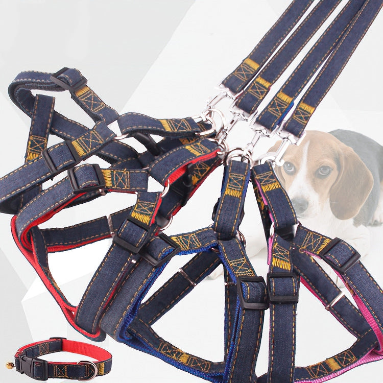BG-Q1025 Leash+Chest Strap+Collar Thickened Strong Denim Pet Dog Leash Set, S, M, L, XL