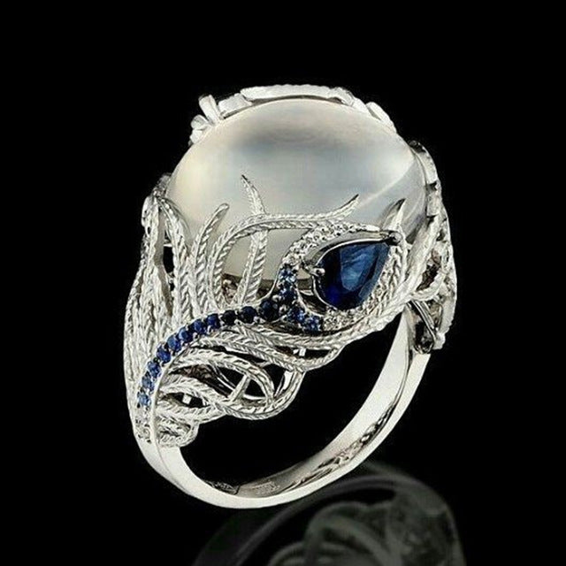 Vintage Silver Hollow Natural Opal Rings Feather Pattern Rings for Women Jewelry, 6, 7, 9