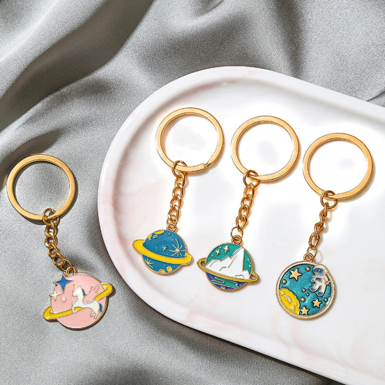 5 PCS Drip Oil Round Keychain Key Ring Bag Pendant, Planet Rocket, Cosmic Planet, Astronauts, Snow Mountain, Blue Planet, Astronauts Alloy, Unicorn
