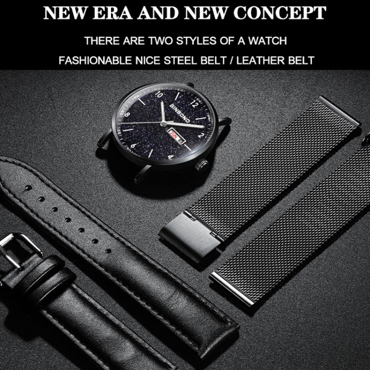 BINBOND B3820 30M Waterproof Ultra-thin Quartz Luminous Starry Watch, Black Net-Black-Starry
