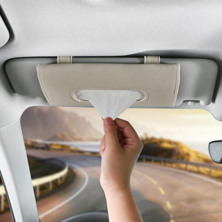 Car Sun Visor Tissue Holder Leather Hanging Storage Box, Black, Beige