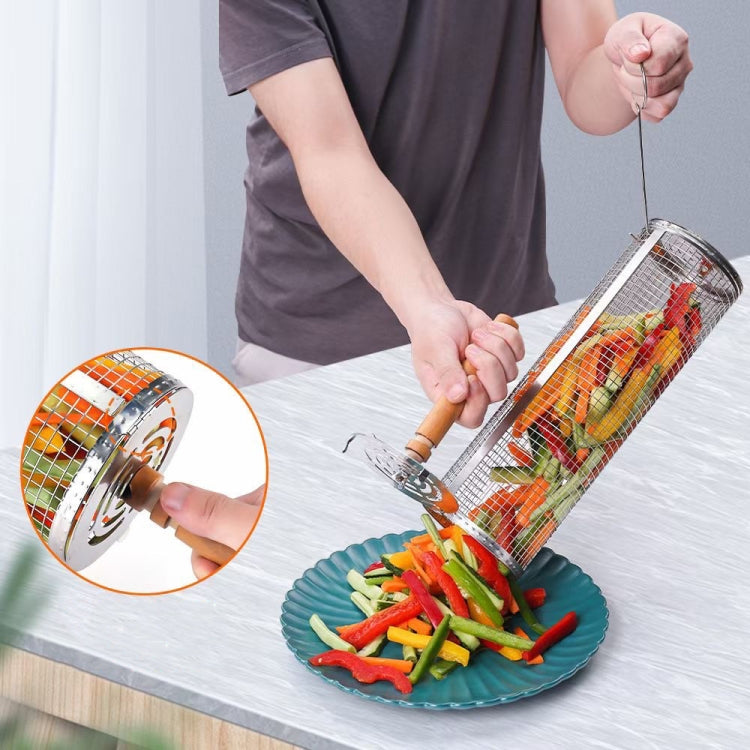 Upgrade Flip-top Lid BBQ Cage Stainless Steel Rolling Grilling Basket With Wooden Handle, Small, Large, Small+Large