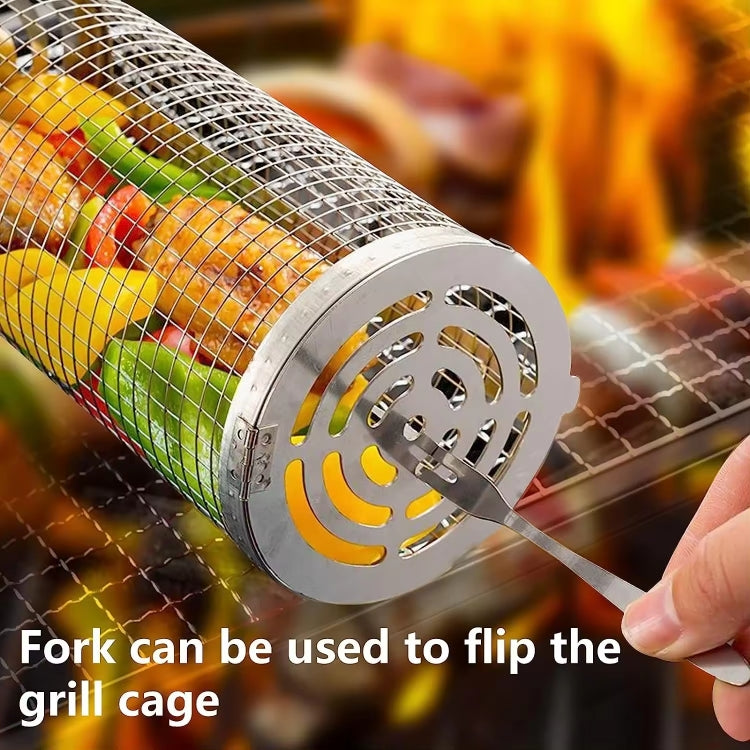 Upgrade Flip-top Lid BBQ Cage Stainless Steel Rolling Grilling Basket With Wooden Handle, Small, Large, Small+Large