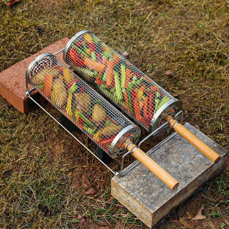 Upgrade Flip-top Lid BBQ Cage Stainless Steel Rolling Grilling Basket With Wooden Handle, Small, Large, Small+Large