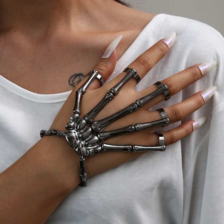 Punk Skull Hand Bone Five Finger Ring Adjustable Integrated Chain