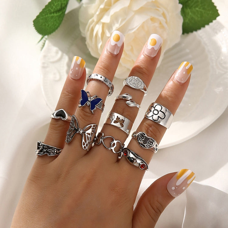 12pcs/set Dazzling Color Gemstone Butterfly Frog Heart Ring, 12pcs/set 5718