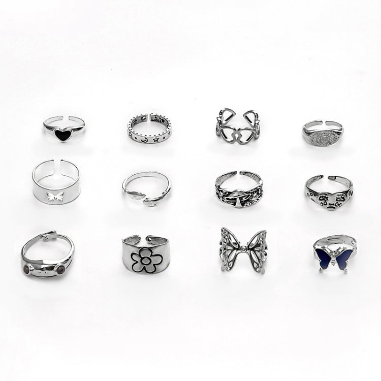 12pcs/set Dazzling Color Gemstone Butterfly Frog Heart Ring, 12pcs/set 5718