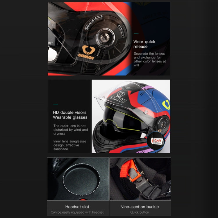 SOMAN Racing Motorcycle Double Lens Riding Safety Helmet, XXL, M, L, XL