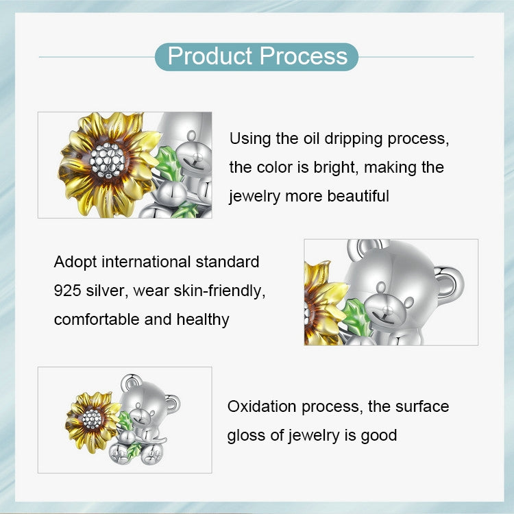 Cute Bear Sunflower DIY Beads S925 Sterling Silver Bracelet Accessories, SCC2560
