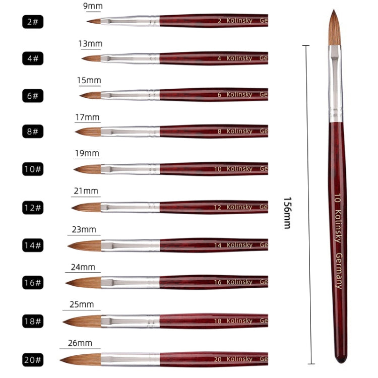Red Wood Handle Kolinsky Hair Nail Art Brush, No. 2, No. 4, No. 6, No. 8, No. 10, No. 12, No. 14, No. 16, No. 18, No. 20