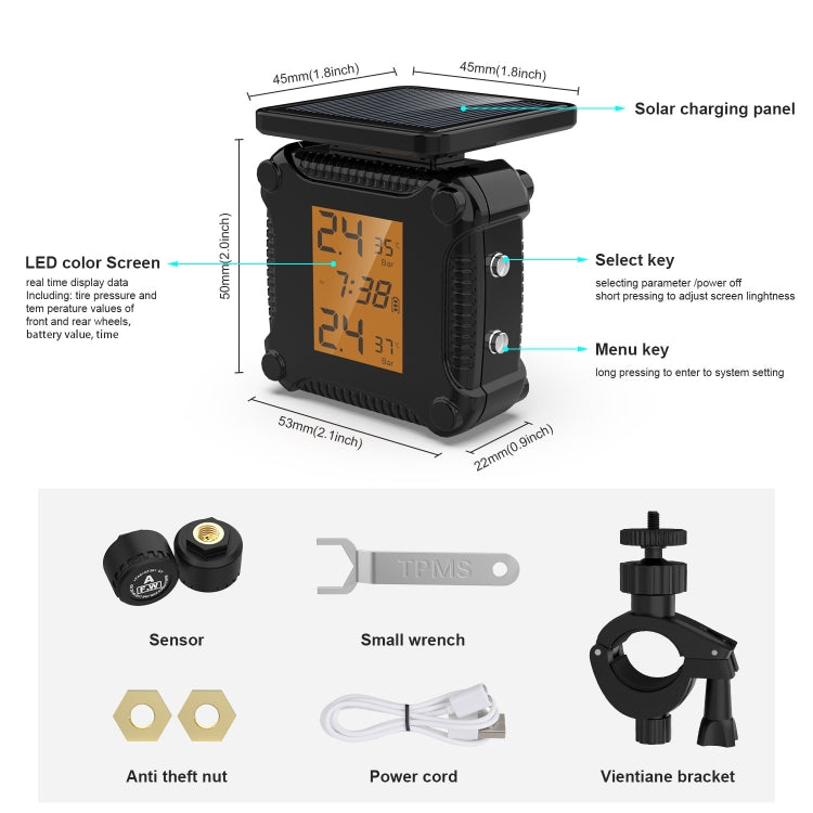 Solar Motorcycle Tire Pressure Monitor Color Screen High Precision Sensor, M8, M9