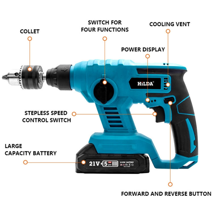 HILDA 12pcs /Set Li-Ion Power Hammer Electrical Impact Drill, 1 Battery+1 Charger EU Plug, 2 Battery+1 Charger EU Plug, 1 Battery+1 Charger US Plug, 2 Battery+1 Charger US Plug