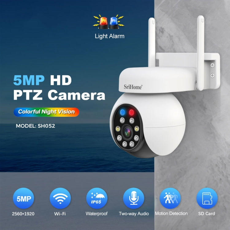 SriHome SH052 Wifi 5MP Wireless PTZ IP AI Auto Tracking Sound&Light Alarm Starlight Color Night Vision Outdoors Surveillance Camera, EU, US, UK, AU