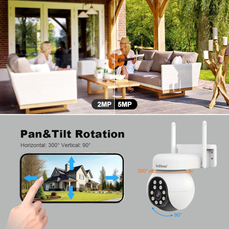 SriHome SH052 Wifi 5MP Wireless PTZ IP AI Auto Tracking Sound&Light Alarm Starlight Color Night Vision Outdoors Surveillance Camera, EU, US, UK, AU