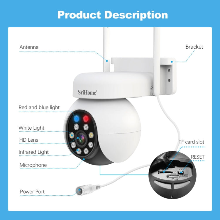 SriHome SH052 Wifi 5MP Wireless PTZ IP AI Auto Tracking Sound&Light Alarm Starlight Color Night Vision Outdoors Surveillance Camera, EU, US, UK, AU
