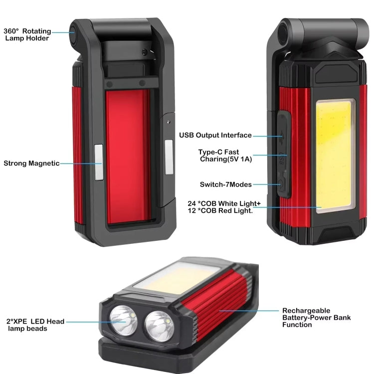 E-SMARTER K011 USB Rechargeable Repair Light With Magnet COB Strong Light Flashlight, A Foldable Red, A Foldable Silver, B Simple Red, B Simple Silver