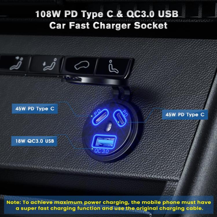 Kewig P22A 12-24V Vehicle Motorcycle Boat Modified Dual PD+QC3.0 3-Port Car Charger With Switch, With Terminal