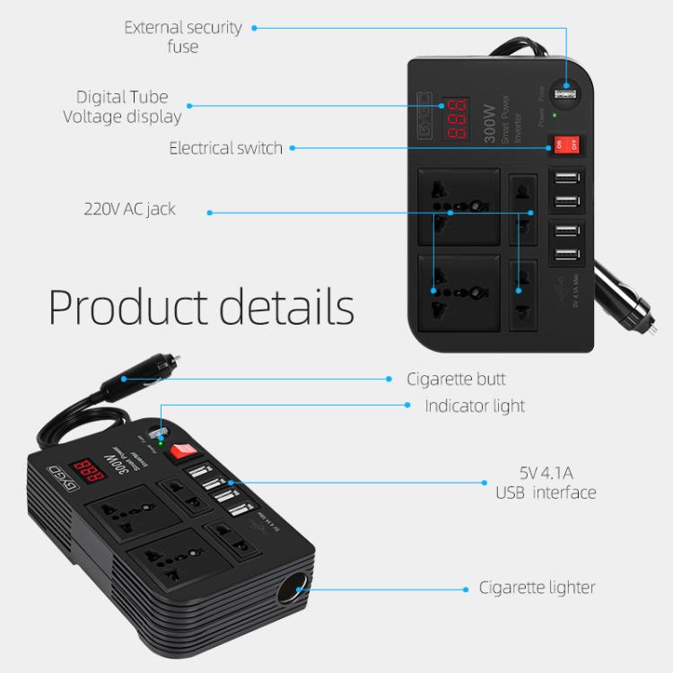 300W Car Inverter DC 12V To AC 220V Car Laptop USB Charging Universal Converter Power Adapter, E8982