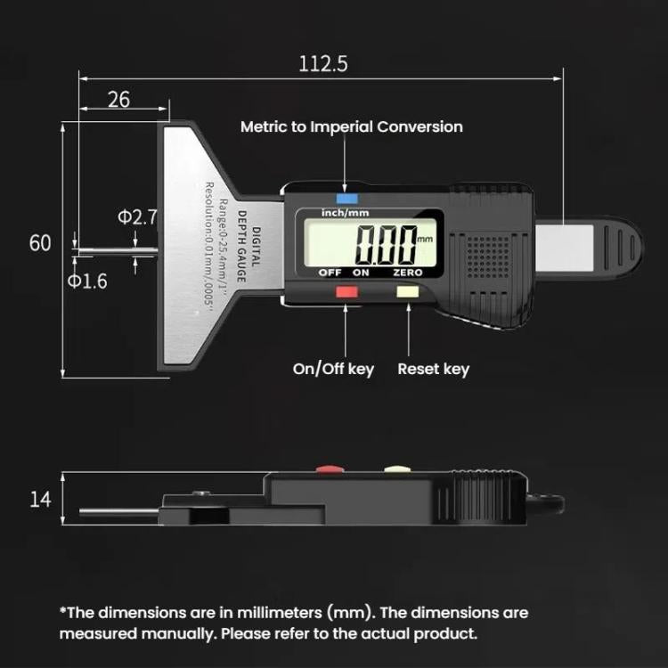 Syntek Digital Depth Ruler 0-25mm Electronic Tire Tread Measuring Ruler, Black, Silver