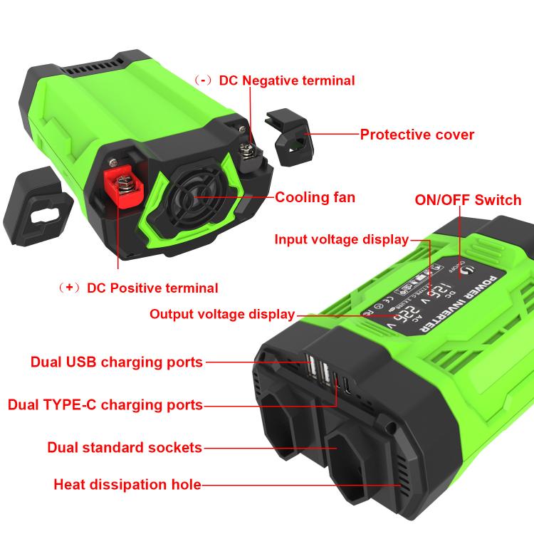 Gurxun Modified Wave Inverter With 18W Solar Panel + 30A Controller Dual Socket + 2 USB + 2 Type-C Ports, 300W Universal Socket 12V To 220V, 300W Universal Socket 12V To 110V, 300W EU Plug 12V To 220V, 300W US Plug 12V To 110V                          ...