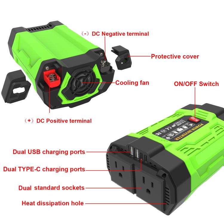 Gurxun 200W Modified Wave Inverter With 18W Solar Panel + 30A Controller Dual Socket + 2 USB + 2 Type-C Ports, Universal Socket 12V To 220V, Universal Socket 12V To 110V, EU Plug 12V To 220V, US Plug 12V To 110V, Brazil Plug 12V To 220V                ...
