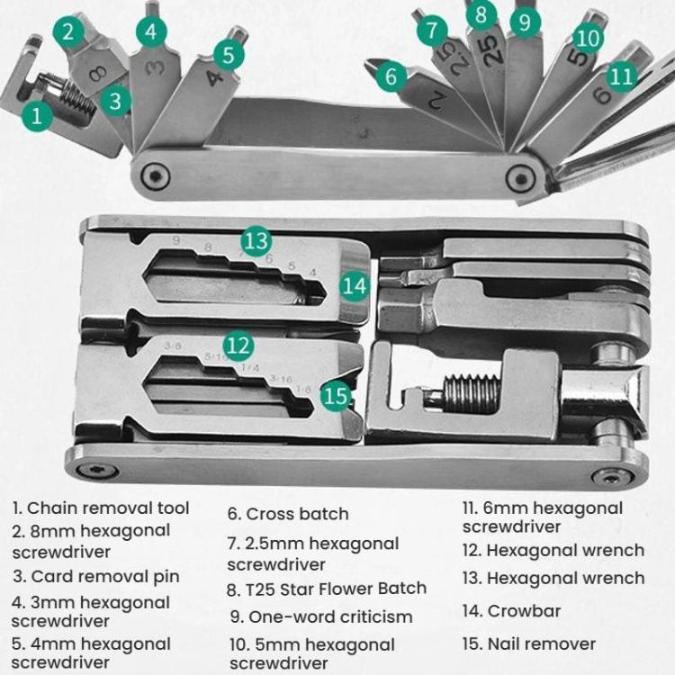 Bicycle 15 In 1 Repair Tool Chain Wrench, 15 In 1