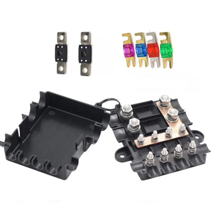 6-Way Automotive Fuse Block Box, 2-500A 32V DC, with 2 Input and 4 Output Terminals, Black, With 6 Fuses