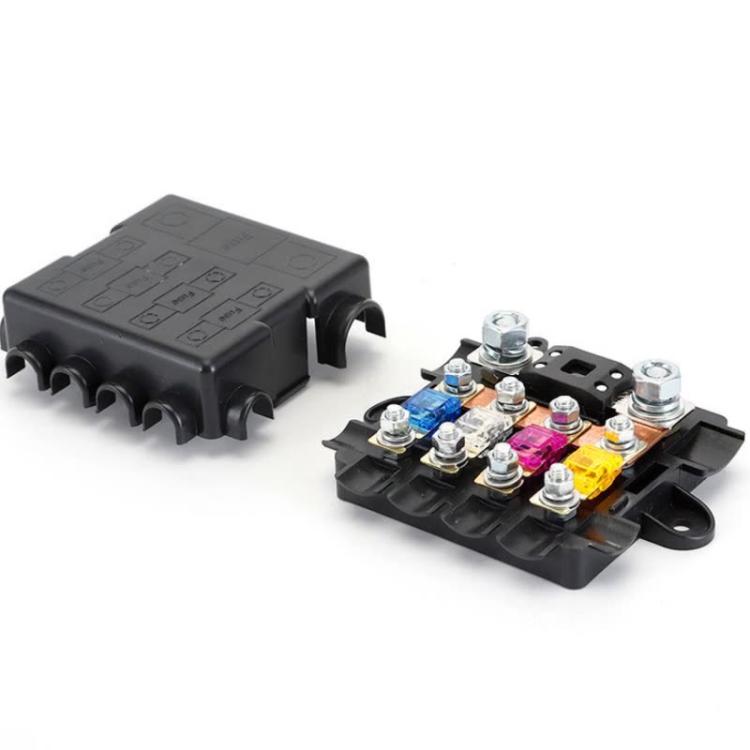 6-Way Automotive Fuse Block Box, 2-500A 32V DC, with 2 Input and 4 Output Terminals, Black, With 6 Fuses