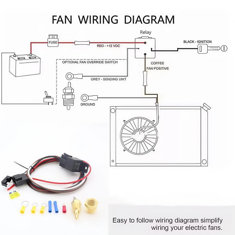 Electric Cooling Fan Wiring Harness Kit 40A Automotive Relay 185 Fahrenheit ON / 175 Fahrenheit OFF