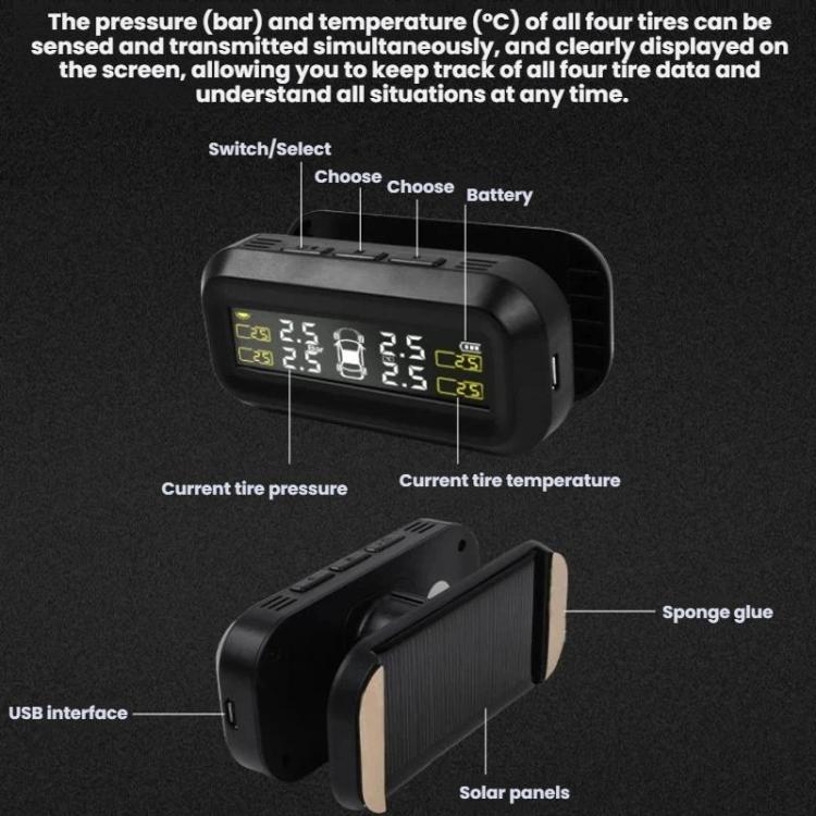 Solar-Powered Wireless Car Tire Pressure Monitor, External, Internal