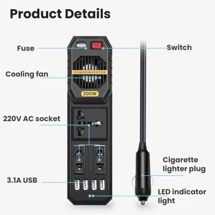 BYGD 200W 12V To 220V Mini Car Power Inverter
