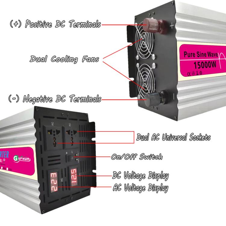 Gurxun 15000W Pure Sine Wave Car Power Inverter With Voltage Display High-Power Universal Power Outlet, 12V To 220V, 24V To 220V, 48V To 220V, 60V To 220V, 12V To 110V, 24V To 110V